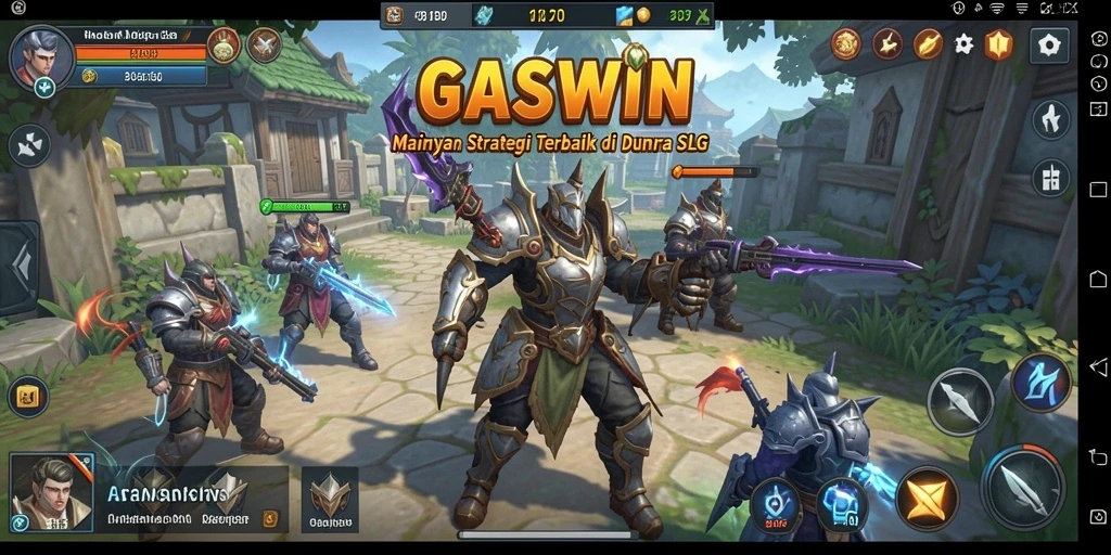 Tangkapan layar utama GASWIN menampilkan pertempuran strategis yang seru.