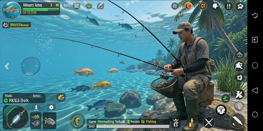 Tampilan gameplay RK55 yang seru dengan aksi memancing yang mendebarkan.