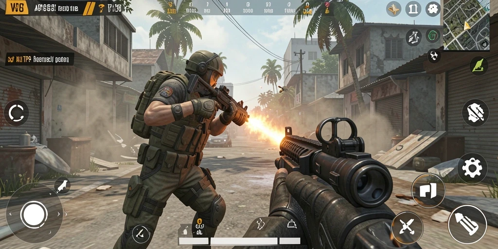 Screenshot gameplay dari V98 menampilkan aksi tembak-menembak yang intens.